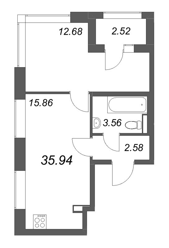 2-комнатная (Евро) квартира, 35.94 м² в ЖК "Гранат" - планировка, фото №1