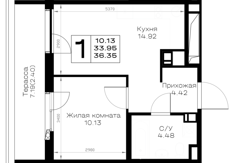 2-комнатная (Евро) квартира, 36.35 м² в ЖК "Борский" - планировка, фото №1