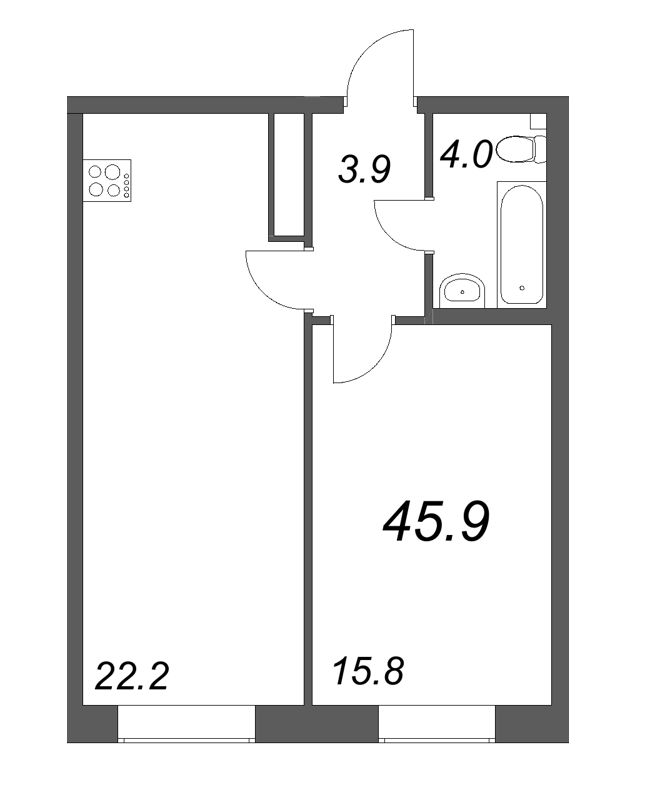 2-комнатная (Евро) квартира, 46.1 м² - планировка, фото №1