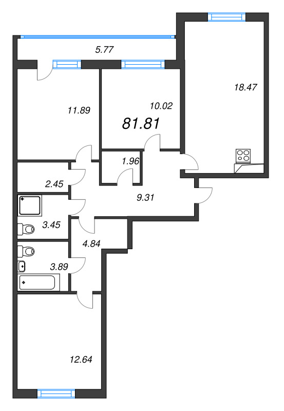 4-комнатная (Евро) квартира, 81.81 м² - планировка, фото №1