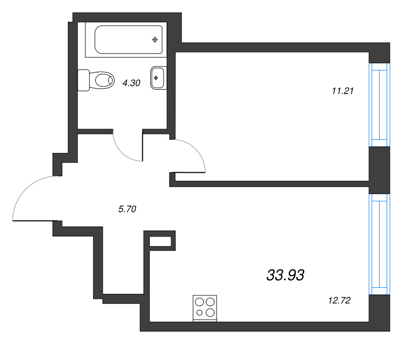 1-комнатная квартира, 33.93 м² - планировка, фото №1