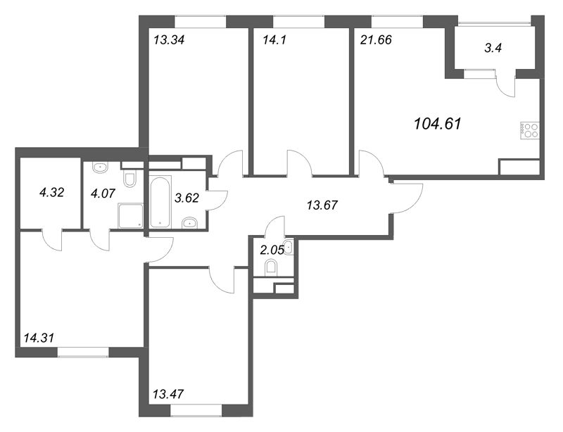 5-комнатная (Евро) квартира, 104.61 м² в ЖК "ЮгТаун" - планировка, фото №1