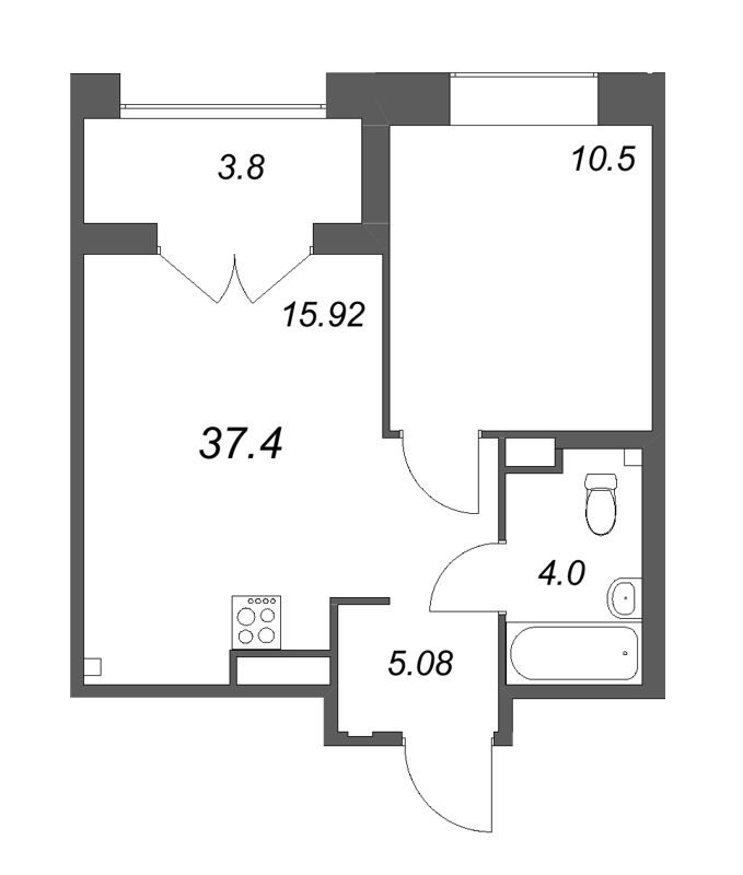 2-комнатная (Евро) квартира, 37.4 м² в ЖК "Ranta Residence" - планировка, фото №1