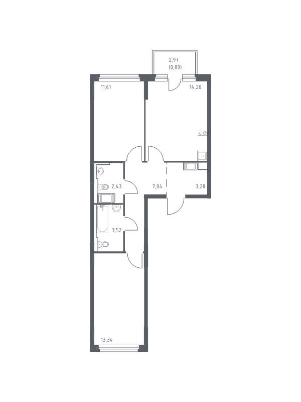 2-комнатная квартира, 56.31 м² - планировка, фото №1