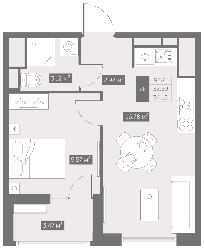 2-комнатная (Евро) квартира, 34.12 м² - планировка, фото №1