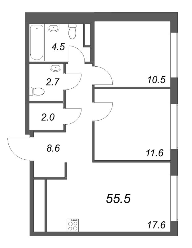 3-комнатная (Евро) квартира, 57.5 м² в ЖК "Гений" - планировка, фото №1