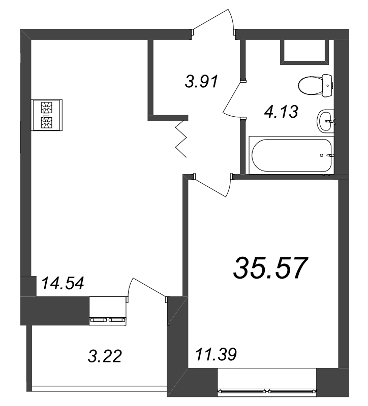 1-комнатная квартира, 35.7 м² в ЖК "Уютный" - планировка, фото №1