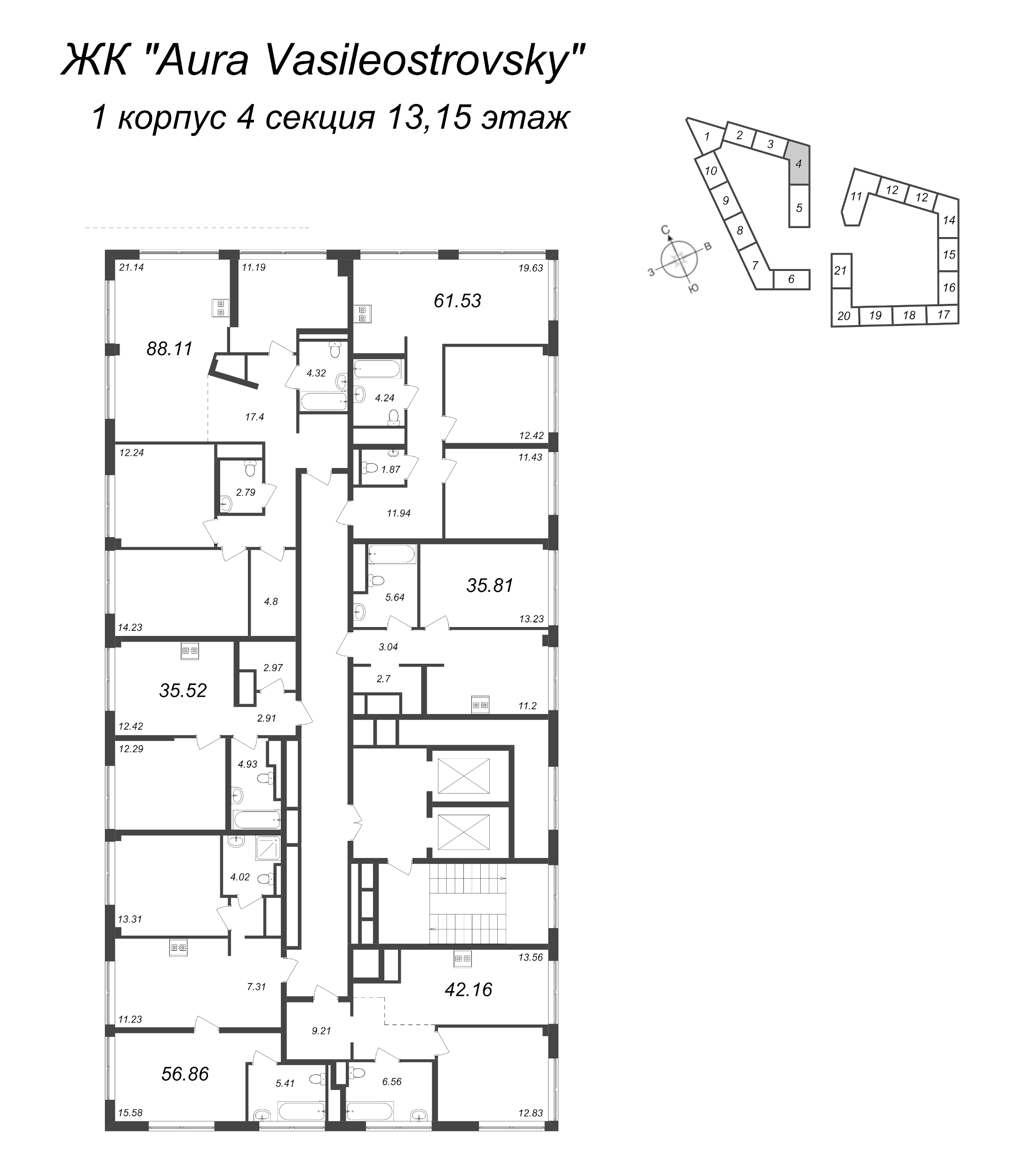 1-комнатная квартира, 35.81 м² в ЖК "GloraX Premium Василеостровский" - планировка этажа