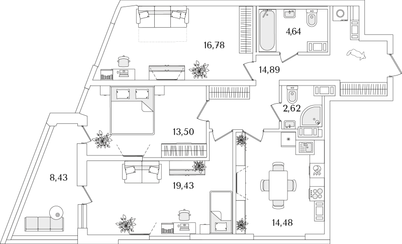 3-комнатная квартира, 90.56 м² в ЖК "Лайнеръ" - планировка, фото №1