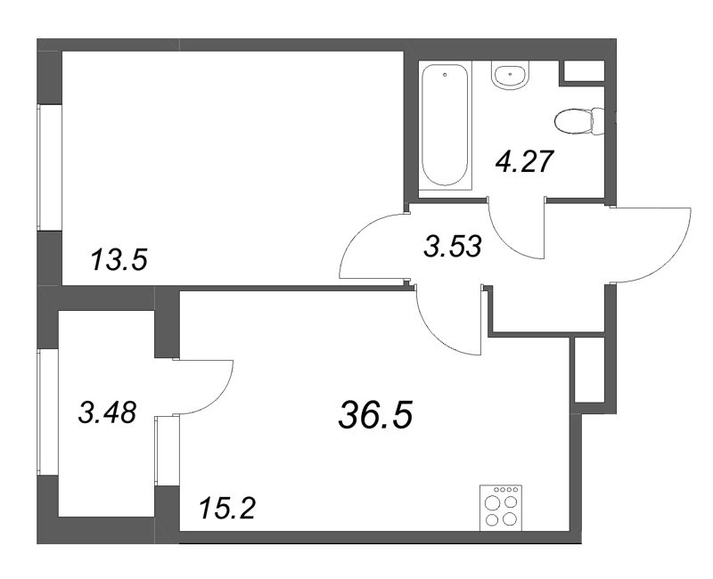 2-комнатная (Евро) квартира, 36.5 м² в ЖК "Дубровский" - планировка, фото №1