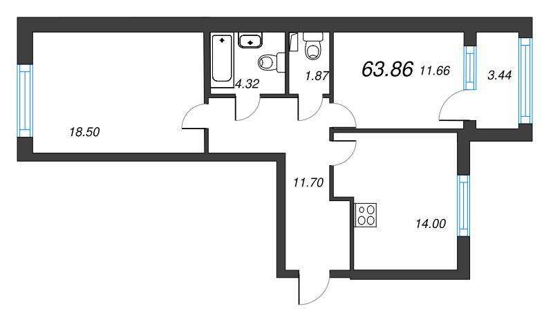 2-комнатная квартира, 63.86 м² в ЖК "Кронфорт. Центральный" - планировка, фото №1