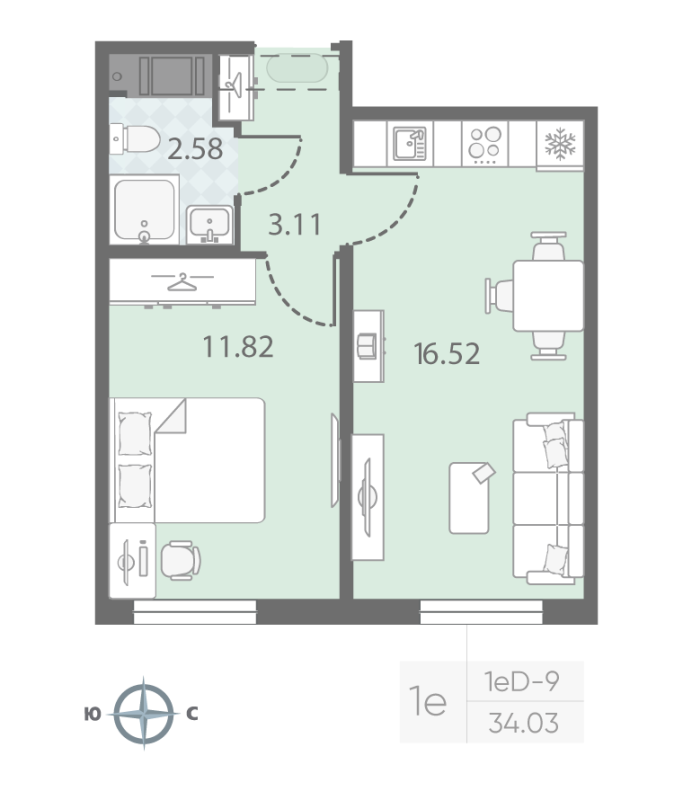 2-комнатная (Евро) квартира, 34.03 м² - планировка, фото №1