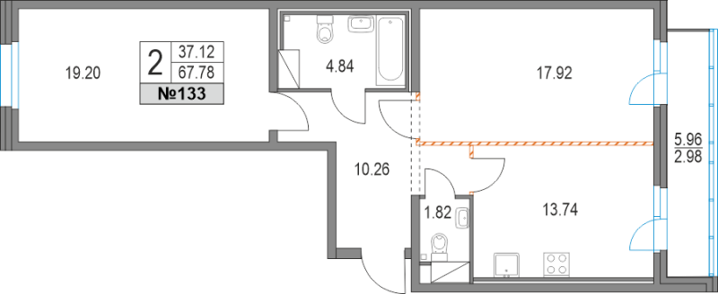 2-комнатная квартира, 67.78 м² в ЖК "Приморский квартал" - планировка, фото №1