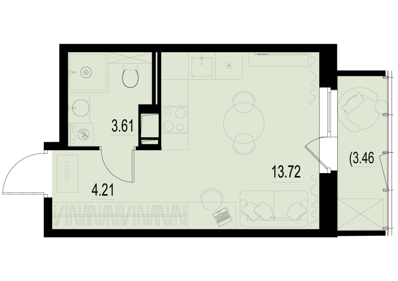 Квартира-студия, 22.58 м² - планировка, фото №1