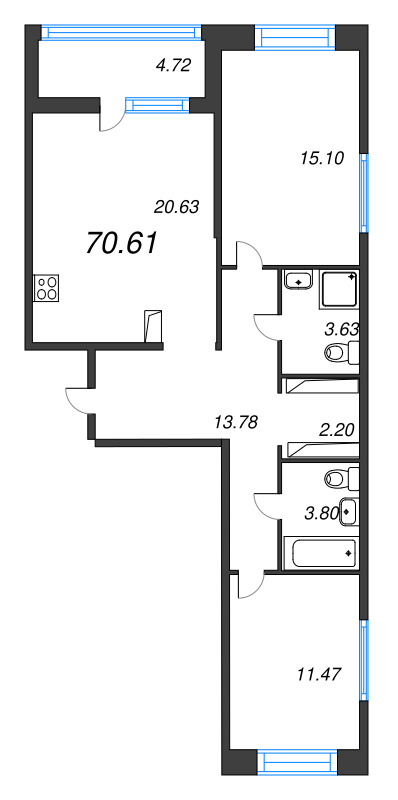 3-комнатная (Евро) квартира, 70.61 м² в ЖК "Ultra City 3.0" - планировка, фото №1