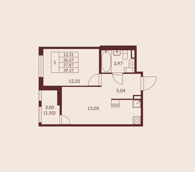 2-комнатная (Евро) квартира, 37.87 м² в ЖК "Амурино" - планировка, фото №1