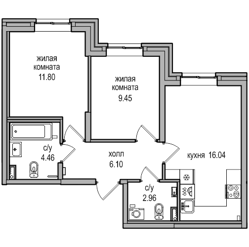 3-комнатная (Евро) квартира, 51.3 м² в ЖК "Северная Долина" - планировка, фото №1