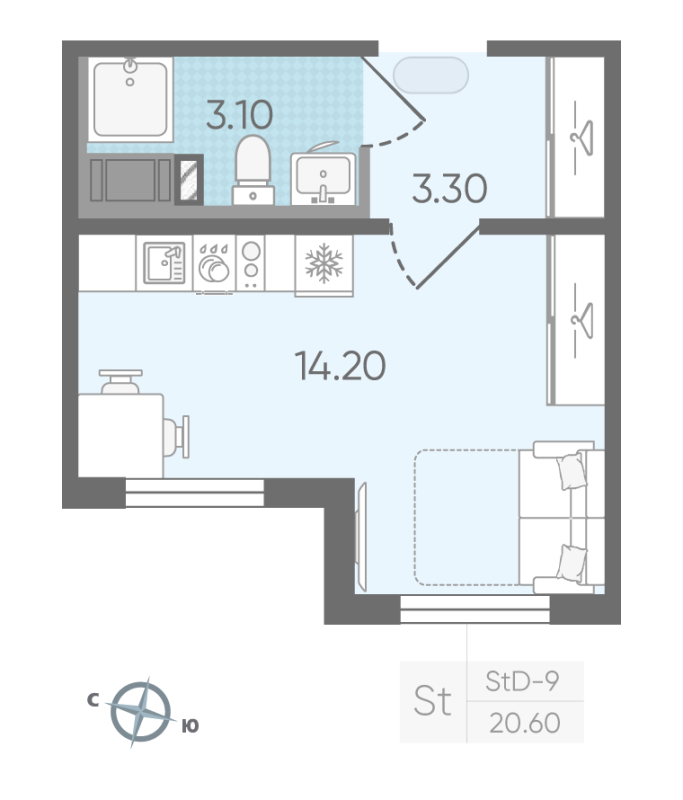 Квартира-студия, 20.6 м² в ЖК "Цветной город" - планировка, фото №1