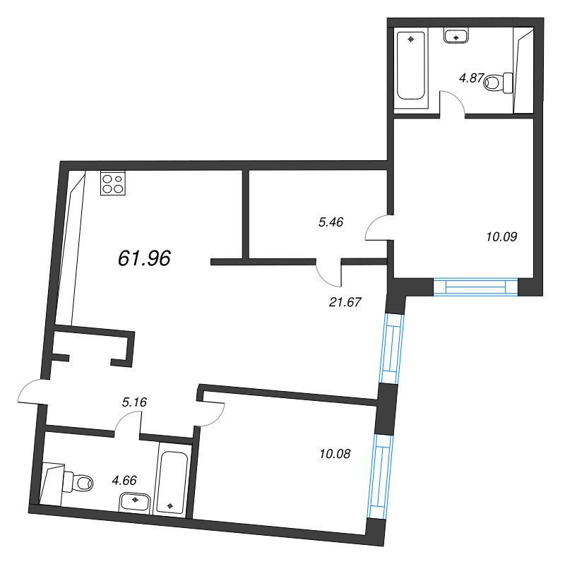 3-комнатная (Евро) квартира, 61.96 м² в ЖК "Legenda Васильевского" - планировка, фото №1