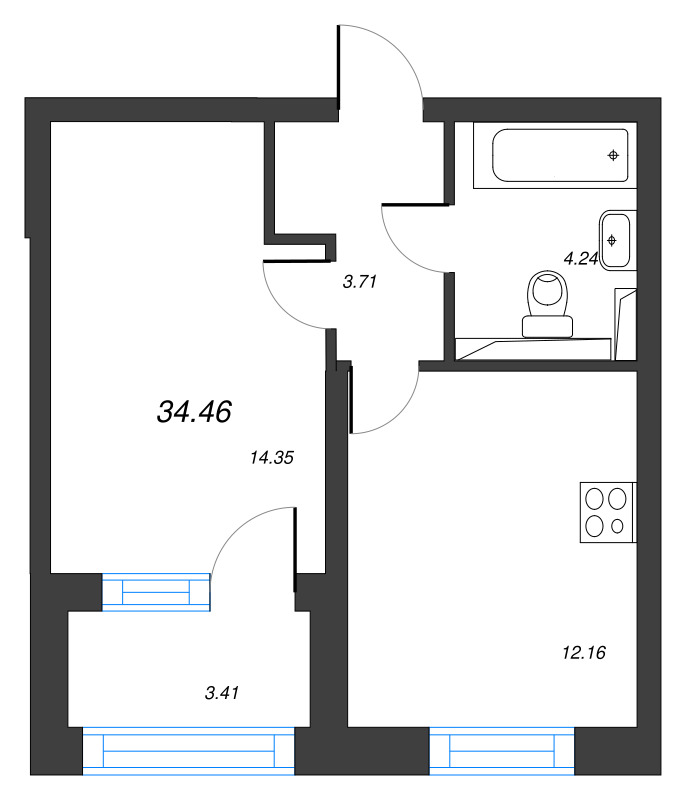 1-комнатная квартира, 36.17 м² - планировка, фото №1