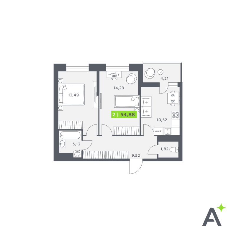 2-комнатная квартира, 54.77 м² в ЖК "Аквилон Verba" - планировка, фото №1