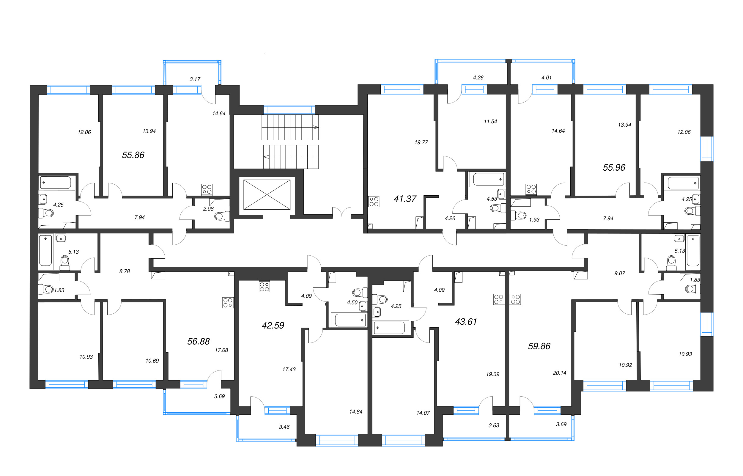 3-комнатная (Евро) квартира, 56.88 м² в ЖК "Охтинские высоты" - планировка этажа