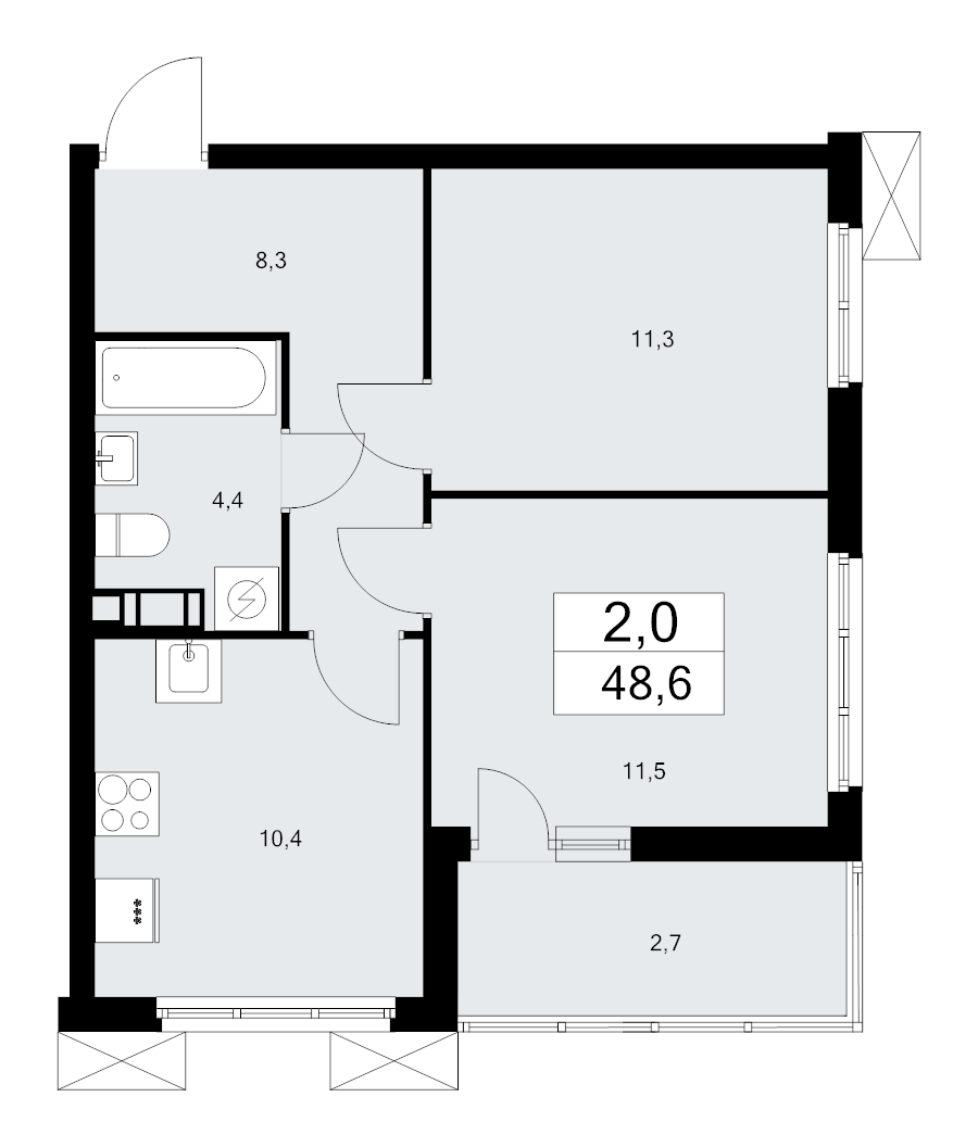 2-комнатная квартира, 48.6 м² - планировка, фото №1