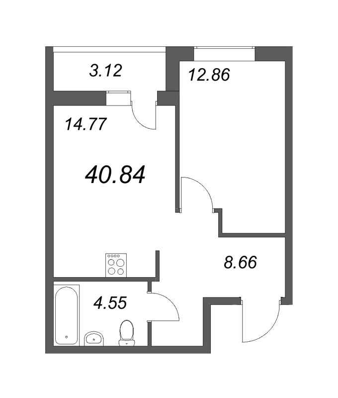 2-комнатная (Евро) квартира, 40.84 м² - планировка, фото №1