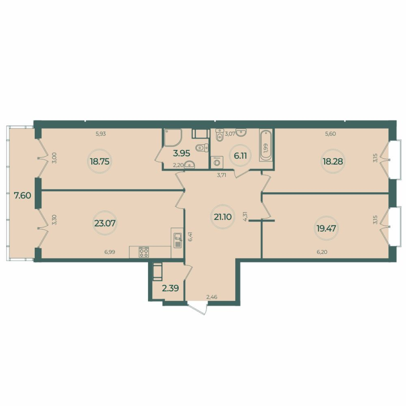 4-комнатная (Евро) квартира, 115.4 м² в ЖК "Дуалист" - планировка, фото №1