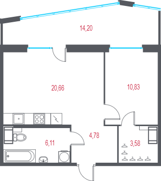 2-комнатная (Евро) квартира, 50.22 м² в ЖК "Город-спутник Южный" - планировка, фото №1