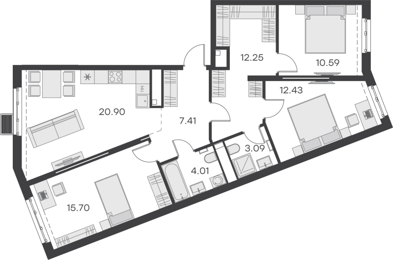 4-комнатная (Евро) квартира, 86.38 м² в ЖК "GloraX Балтийская" - планировка, фото №1