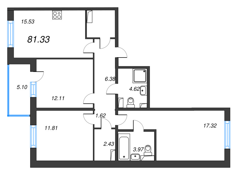 4-комнатная (Евро) квартира, 81.33 м² в ЖК "IQ Гатчина" - планировка, фото №1