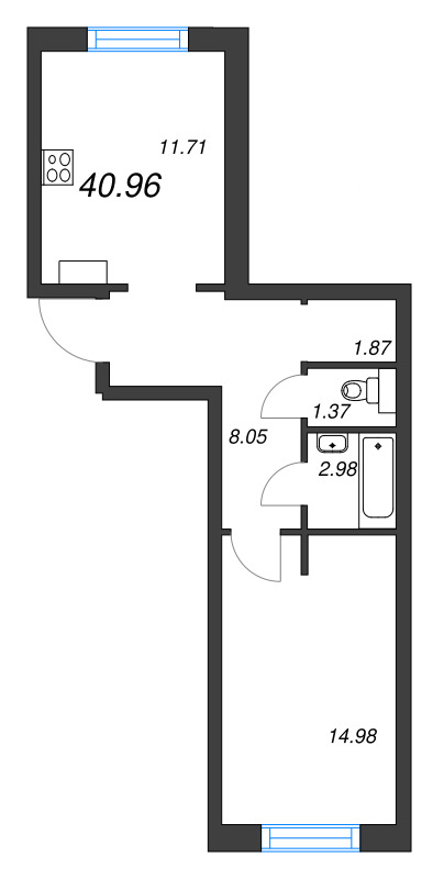 1-комнатная квартира, 40.96 м² - планировка, фото №1