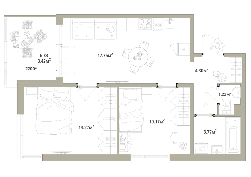 3-комнатная (Евро) квартира, 53.91 м² в ЖК "Тишин" - планировка, фото №1