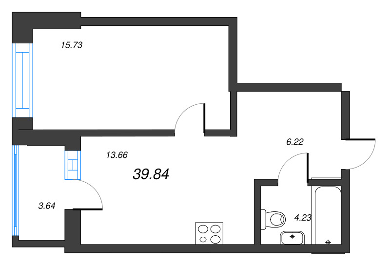 1-комнатная квартира, 39.84 м² - планировка, фото №1