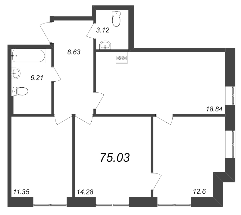 4-комнатная (Евро) квартира, 75.03 м² - планировка, фото №1