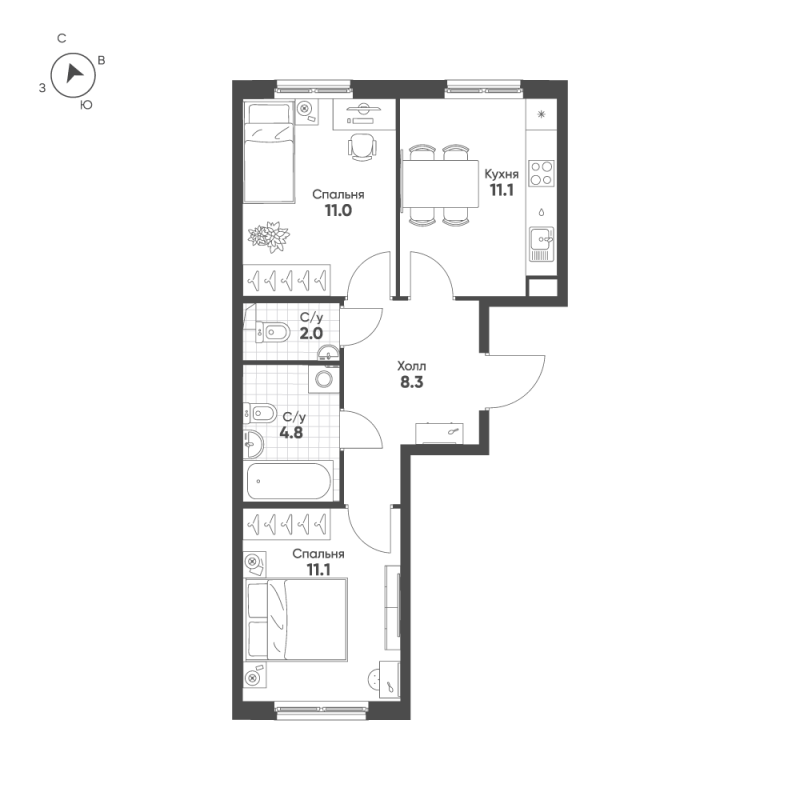 2-комнатная квартира, 48.3 м² - планировка, фото №1