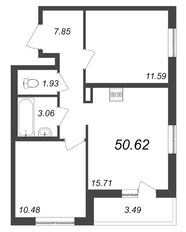 3-комнатная (Евро) квартира, 50.62 м² - планировка, фото №1