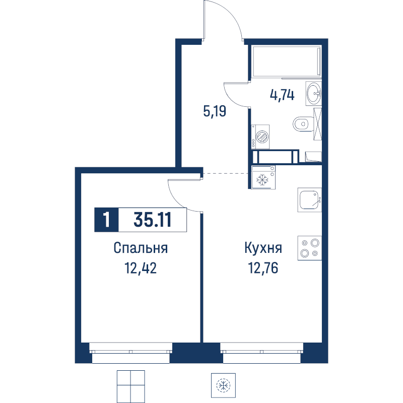 1-комнатная квартира, 35.11 м² в ЖК "Символист" - планировка, фото №1