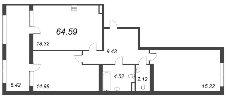 3-комнатная (Евро) квартира, 64.59 м² в ЖК "Б15" - планировка, фото №1