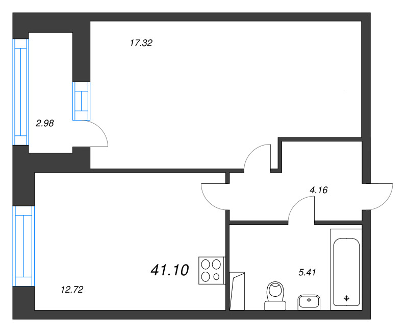 1-комнатная квартира, 41.1 м² в ЖК "Аквилон Leaves" - планировка, фото №1