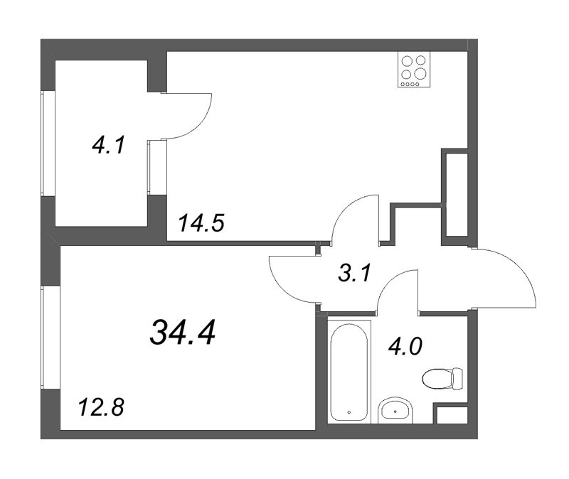 1-комнатная квартира, 34.4 м² в ЖК "ЮгТаун" - планировка, фото №1
