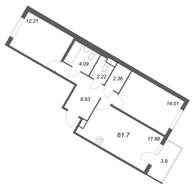 3-комнатная (Евро) квартира, 61.7 м² - планировка, фото №1