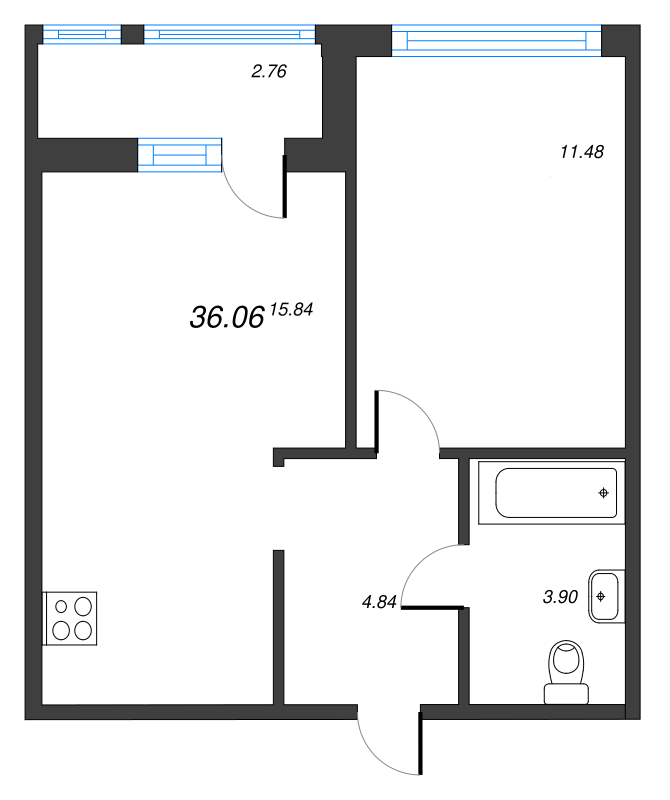 2-комнатная (Евро) квартира, 38.82 м² - планировка, фото №1