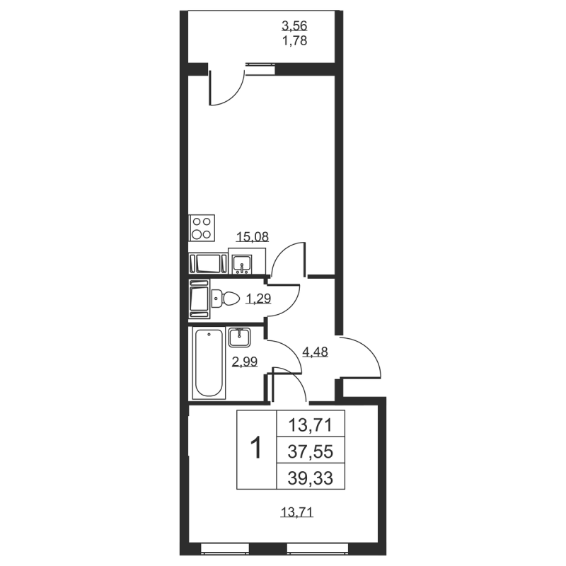 2-комнатная (Евро) квартира, 39.33 м² - планировка, фото №1