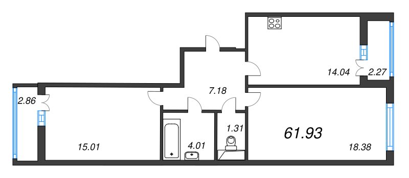 2-комнатная квартира, 61.93 м² - планировка, фото №1