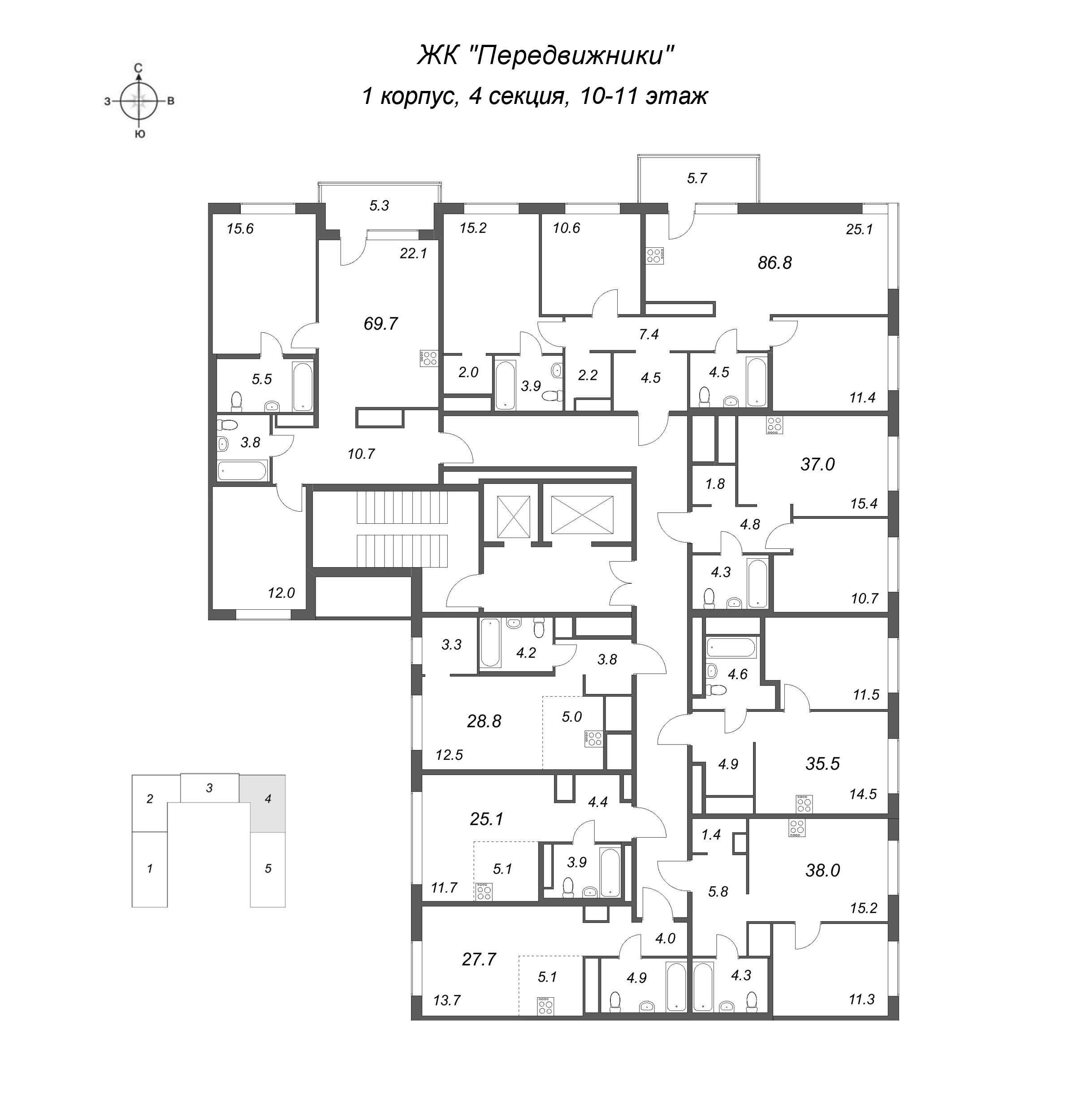 3-комнатная (Евро) квартира, 69.7 м² в ЖК "Передвижники" - планировка этажа