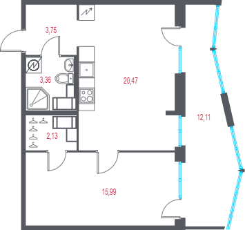 2-комнатная (Евро) квартира, 51.76 м² в ЖК "Город-спутник Южный" - планировка, фото №1