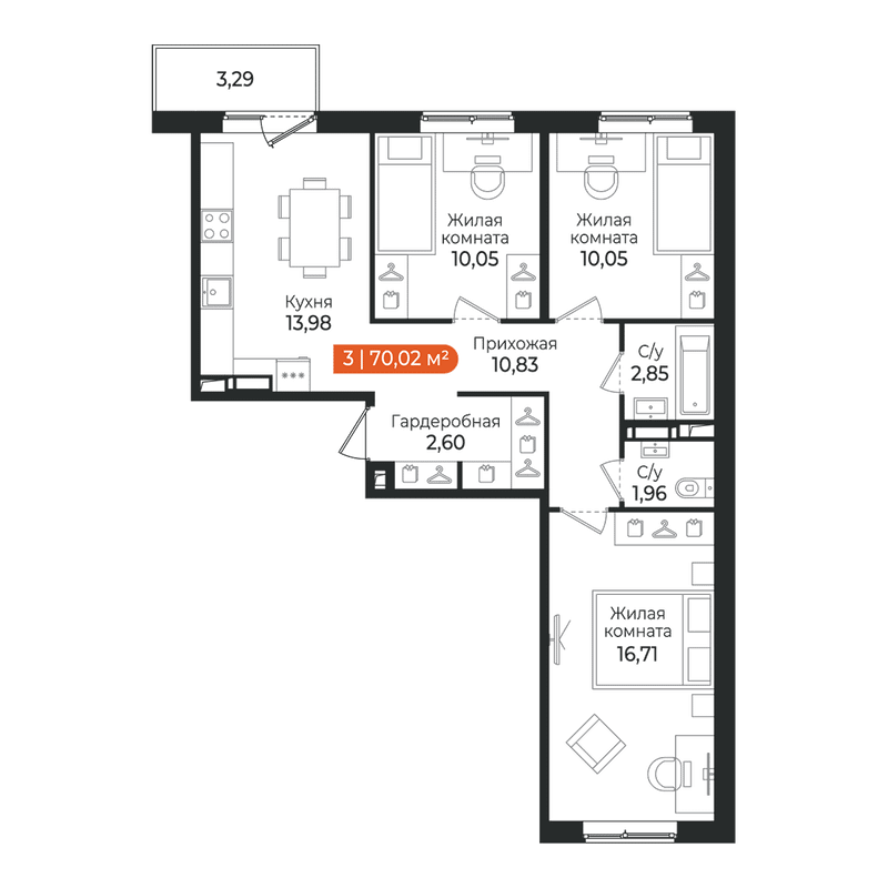 3-комнатная квартира, 70.02 м² в ЖК "Алгоритм Квинта" - планировка, фото №1