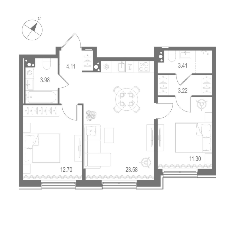 3-комнатная (Евро) квартира, 62.3 м² в ЖК "Остров Первых" - планировка, фото №1